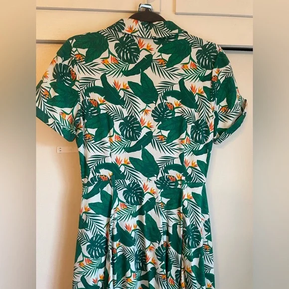 Collectif Green Tropical Print Dress S UK 10 Birds of Paradise Caterina Swing - Picture 5 of 10